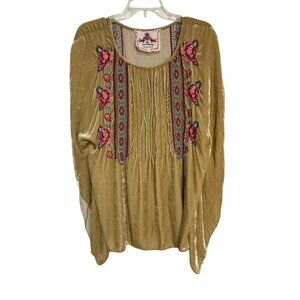 Johnny Was Los Angeles Gold Velvet Top S Embroidered‎ Floral Boho Style Pleated